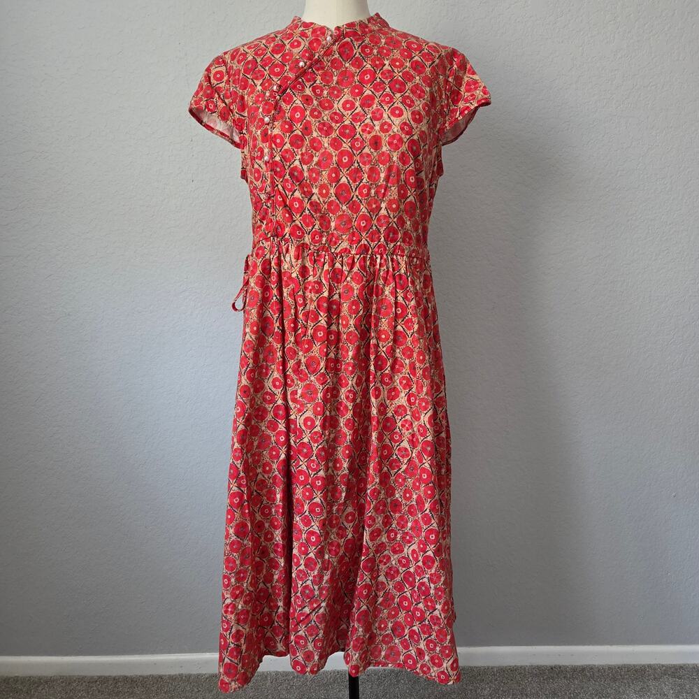 Modern Cheongsam Style Cotton-Ramie Midi Dress - Rust Red